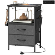 Bedside Table with USB Charging Station 2 Drawers & Storage Shelf for Bedroom or Living Room, Rustic Brown & Black