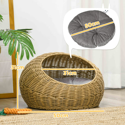 Wicker Cat House with Soft Washable Cushion Ideal for Indoor Use, Light Brown AOSOM
