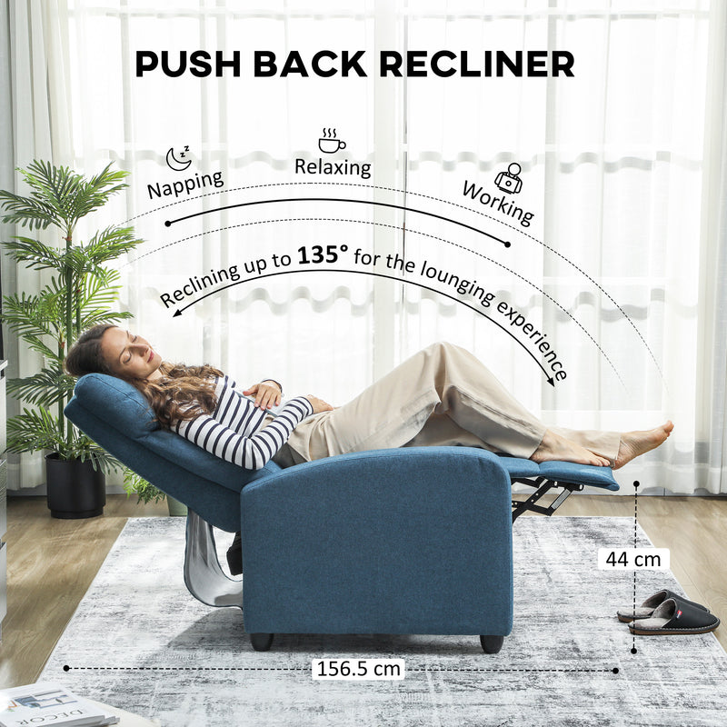 Push Back Recliner Armchair with Footrest and 135 Degree Recline for Lounge Comfort Blue