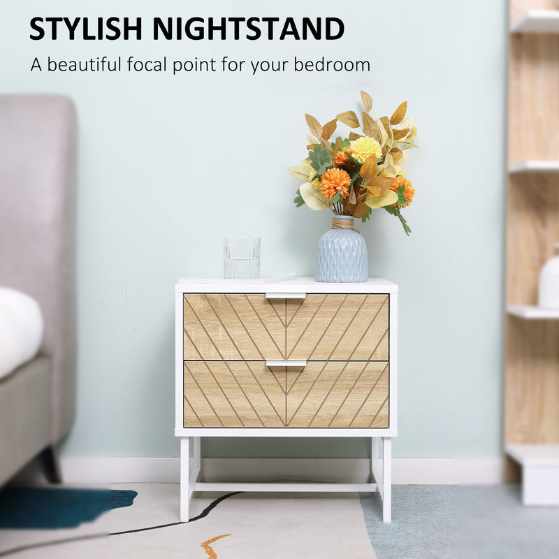 White and Oak Bedside Table with 2 Drawers and Metal Frame for Bedroom or Living Room