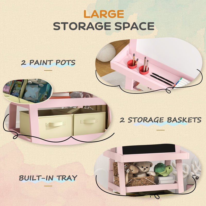 3 in 1 Kids Easel with Magnetic Whiteboard Chalkboard Paper Roll and Storage Baskets, Pink