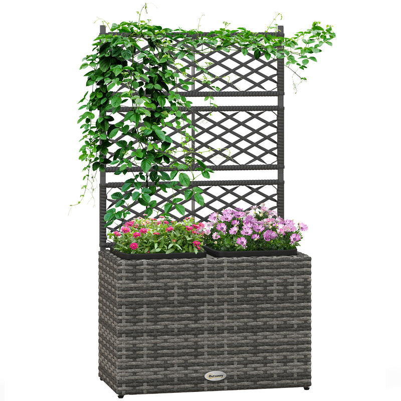 Mixed Grey Rattan Planter with Trellis and Two Raised Beds for Climbing Plants Garden Use