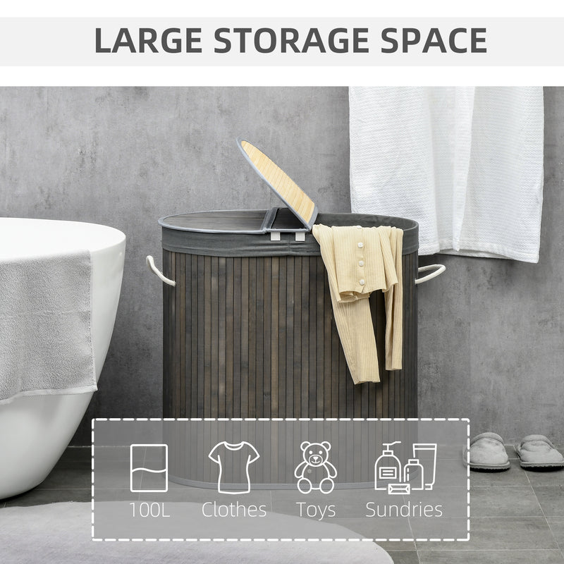 100L Bamboo Laundry Basket with Lid and 2 Sections Removable Lining, Grey