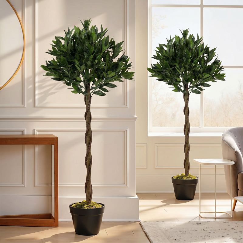 Artificial Bay Laurel Topiary Trees Set of 2 for Low Maintenance Front Door Greenery Green
