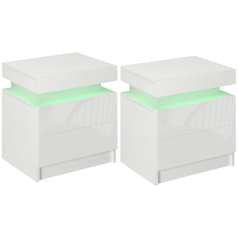 Set of 2 Bedside Tables with LED Lights and 4 Drawers Modern Storage Units White