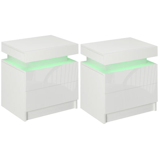 Set of 2 Bedside Tables with LED Lights and 4 Drawers Modern Storage Units White
