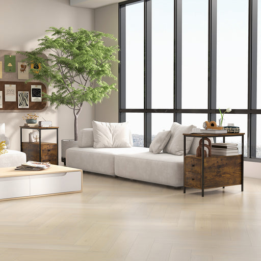 Set of 2 Industrial Style Narrow Bedside Tables with Drawers and Shelf for Small Spaces Rustic Brown