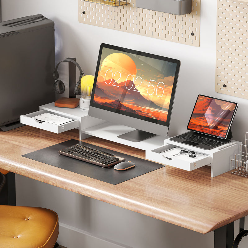 White Dual Monitor Stand Riser with Adjustable Length and Storage Drawers by HOMCOM AOSOM