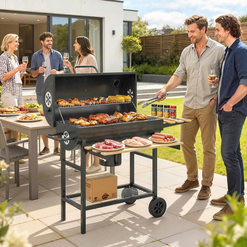 Barrel Charcoal BBQ Grill for Easy Outdoor Cooking with Large Cooking Area and Storage Black Outsunny