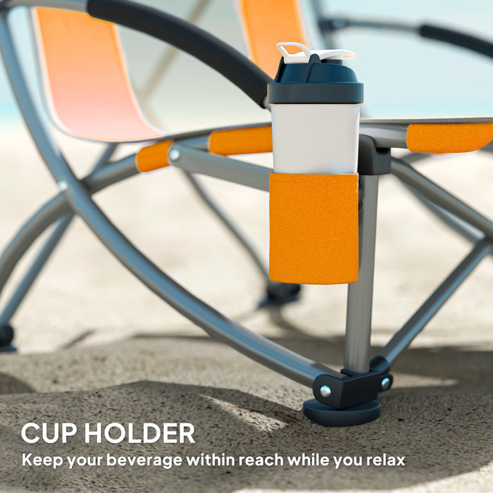 Set of 2 Orange Folding Beach Chairs with Mesh Back Cup Holder and Carry Bag for Outdoor Use