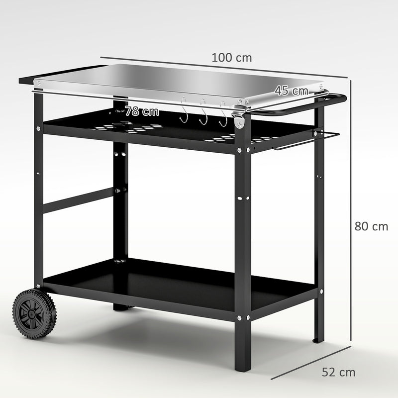 Black BBQ Trolley with Stainless Steel Top Adjustable Shelf and Storage by Outsunny