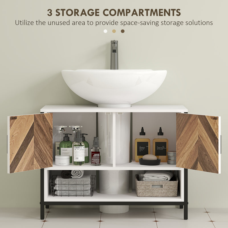 Cream White Under Sink Bathroom Cabinet with Herringbone Doors by HOMCOM