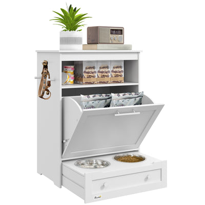 Pet Feeder Station with Raised Bowls Storage Cabinet and Hooks for Dogs and Cats, White