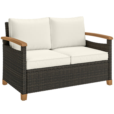 2 Seater Rattan Garden Sofa with Deep Cushions and Acacia Armrests for Comfortable Outdoor Relaxing Brown Cream White Outsunny