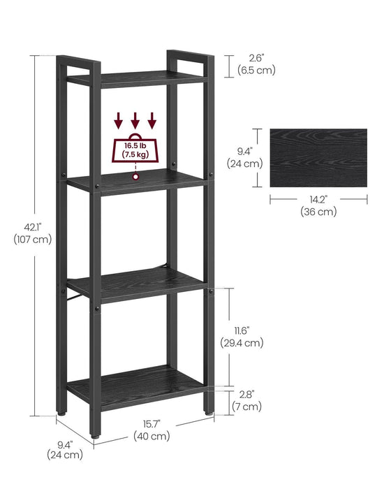 Image of a black 4 tier bookcase. Its compact size make it ideal for smaller spaces providing vertical storage, which frees up valuable floor space.
