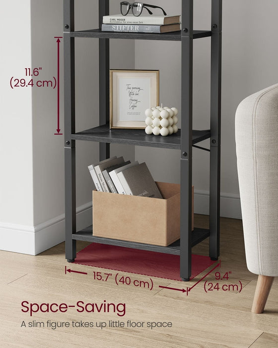 Image of a black 4 tier bookcase. Its compact size make it ideal for smaller spaces providing vertical storage, which frees up valuable floor space.
