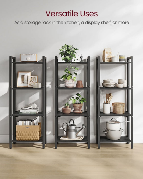 Image of a black 4 tier bookcase. Its compact size make it ideal for smaller spaces providing vertical storage, which frees up valuable floor space.
