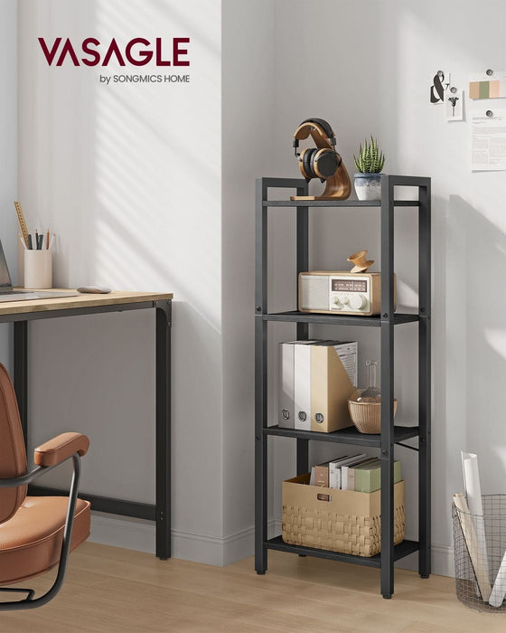 Image of a black 4 tier bookcase. Its compact size make it ideal for smaller spaces providing vertical storage, which frees up valuable floor space.
