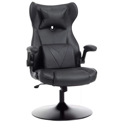 Image of a Black Leather Gaming Chair No Wheels. 

This gaming chair features lumbar and neck support pillows, flip up arms, reclining backrest, and adjustable height, so you can get comfortable and focus on winning more games.