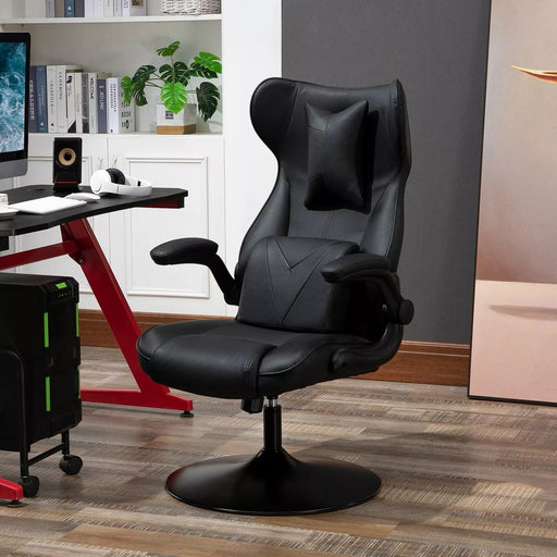 Image of a Black Leather Gaming Chair No Wheels. 

This gaming chair features lumbar and neck support pillows, flip up arms, reclining backrest, and adjustable height, so you can get comfortable and focus on winning more games.