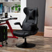 Image of a Black Leather Gaming Chair No Wheels. 

This gaming chair features lumbar and neck support pillows, flip up arms, reclining backrest, and adjustable height, so you can get comfortable and focus on winning more games.