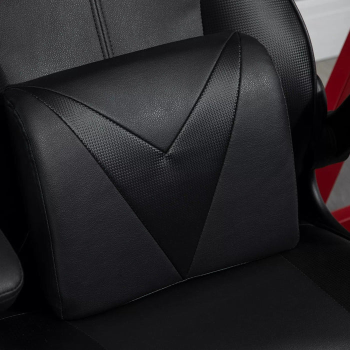 Image of a Black Leather Gaming Chair No Wheels. 

This gaming chair features lumbar and neck support pillows, flip up arms, reclining backrest, and adjustable height, so you can get comfortable and focus on winning more games.