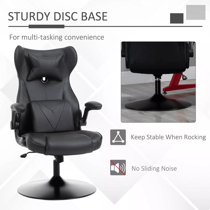 Image of a Black Leather Gaming Chair No Wheels. 

This gaming chair features lumbar and neck support pillows, flip up arms, reclining backrest, and adjustable height, so you can get comfortable and focus on winning more games.