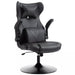 Image of a Black Leather Gaming Chair No Wheels. 

This gaming chair features lumbar and neck support pillows, flip up arms, reclining backrest, and adjustable height, so you can get comfortable and focus on winning more games.