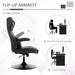 Image of a Black Leather Gaming Chair No Wheels. 

This gaming chair features lumbar and neck support pillows, flip up arms, reclining backrest, and adjustable height, so you can get comfortable and focus on winning more games.