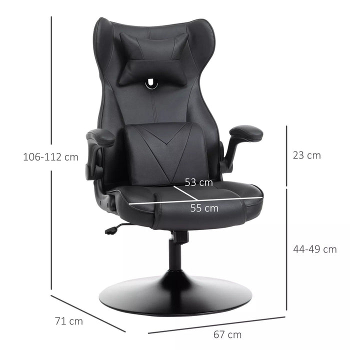 Image of a Black Leather Gaming Chair No Wheels. 

This gaming chair features lumbar and neck support pillows, flip up arms, reclining backrest, and adjustable height, so you can get comfortable and focus on winning more games.