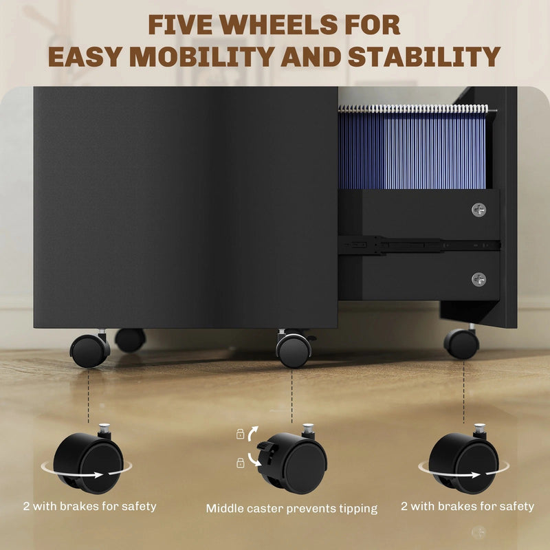 Lockable 2 Drawer Office Filing Cabinet with Wheels For Home or Office, 42W x 40D x 60H cm Homcom
