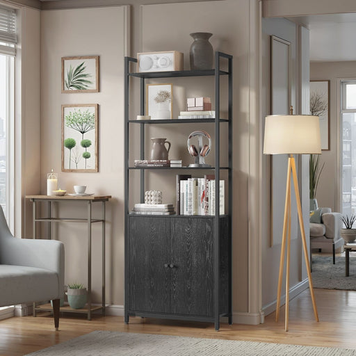 Black Tall Bookcase For Living Room with Storage Cabinet and Sturdy Metal Frame by Vasagle