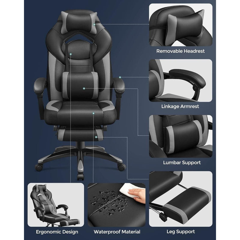 Black and Grey Songmics Gamer Chair With Wheels Adjustable Neck Pillow and Back Pillow and Arms
