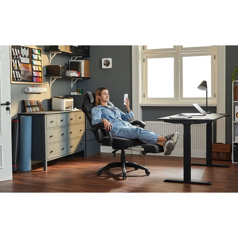 Black and Grey Songmics Gamer Chair With Wheels Adjustable Neck Pillow and Back Pillow and Arms