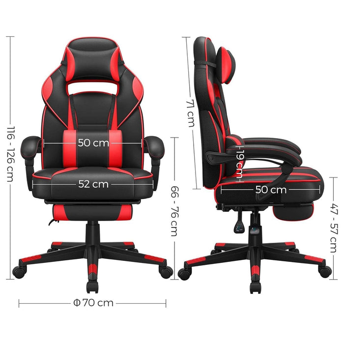 Image of a black and red gaming chair. This ergonomic gaming chair has a footrest, padded arms for extra support, adjustable lumbar support pillow, neck pillow, swivel wheels, an adjustable backrest, and adjustable height.