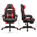 Image of a black and red gaming chair. This ergonomic gaming chair has a footrest, padded arms for extra support, adjustable lumbar support pillow, neck pillow, swivel wheels, an adjustable backrest, and adjustable height.