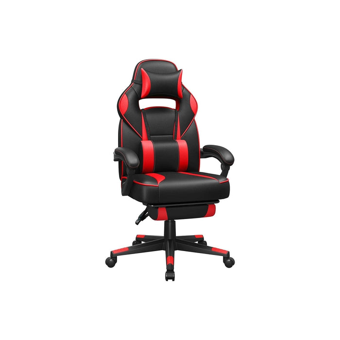 Image of a black and red gaming chair. This ergonomic gaming chair has a footrest, padded arms for extra support, adjustable lumbar support pillow, neck pillow, swivel wheels, an adjustable backrest, and adjustable height.