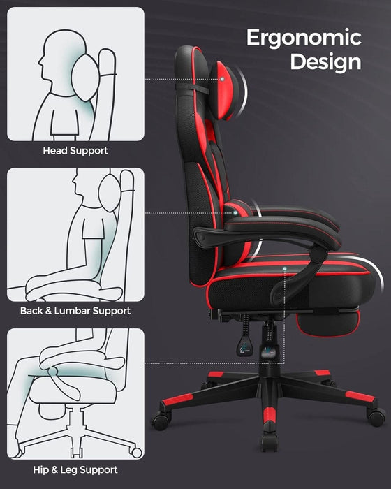 Image of a black and red gaming chair. This ergonomic gaming chair has a footrest, padded arms for extra support, adjustable lumbar support pillow, neck pillow, swivel wheels, an adjustable backrest, and adjustable height.