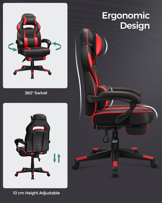 Image of a black and red gaming chair. This ergonomic gaming chair has a footrest, padded arms for extra support, adjustable lumbar support pillow, neck pillow, swivel wheels, an adjustable backrest, and adjustable height.