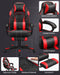 Image of a black and red gaming chair. This ergonomic gaming chair has a footrest, padded arms for extra support, adjustable lumbar support pillow, neck pillow, swivel wheels, an adjustable backrest, and adjustable height.