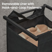 Black laundry basket with a removable liner and hook-and-loop fasteners.