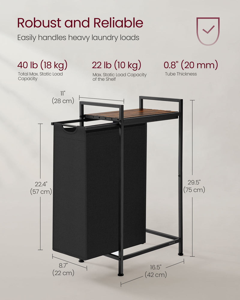 Black laundry basket with dimensions and specifications 