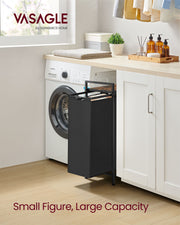 Black laundry basket with pull-out design in front of a washing machine
