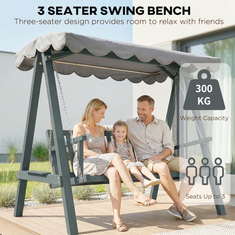Grey Wooden Garden Swing Chair for 3 Adults with Canopy for Shade and Comfort Outsunny