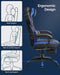 Image of a blue and black gaming chair. This ergonomic gaming chair has a footrest, padded arms for extra support, adjustable lumbar support pillow, neck pillow, swivel wheels, an adjustable backrest, and adjustable height.