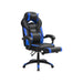 Image of a blue and black gaming chair. This ergonomic gaming chair has a footrest, padded arms for extra support, adjustable lumbar support pillow, neck pillow, swivel wheels, an adjustable backrest, and adjustable height.