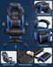 Image of a blue and black gaming chair. This ergonomic gaming chair has a footrest, padded arms for extra support, adjustable lumbar support pillow, neck pillow, swivel wheels, an adjustable backrest, and adjustable height.