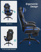 Image of a blue and black gaming chair. This ergonomic gaming chair has a footrest, padded arms for extra support, adjustable lumbar support pillow, neck pillow, swivel wheels, an adjustable backrest, and adjustable height.