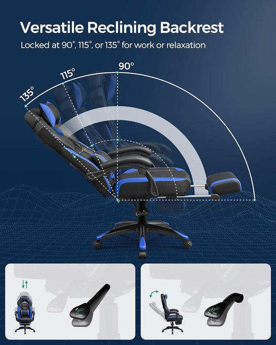 Image of a blue and black gaming chair. This ergonomic gaming chair has a footrest, padded arms for extra support, adjustable lumbar support pillow, neck pillow, swivel wheels, an adjustable backrest, and adjustable height.