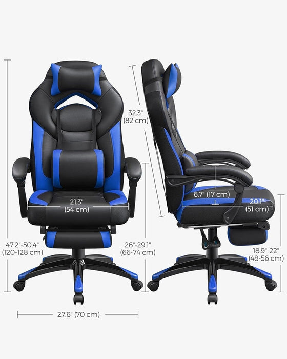 Image of a blue and black gaming chair. This ergonomic gaming chair has a footrest, padded arms for extra support, adjustable lumbar support pillow, neck pillow, swivel wheels, an adjustable backrest, and adjustable height.